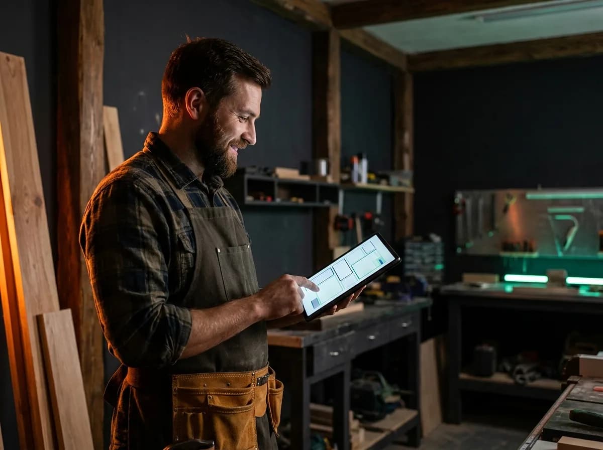 Handwerker schaut in seiner Werkstatt zufrieden auf eine moderne Website auf dem Tablet – transparente Kosten und BAFA-Förderung